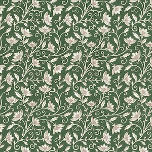 May include: A seamless pattern featuring a dark green background with a repeating floral design. The pattern includes white, curling vines, leaves, and stylized flowers with tan centers, creating a classic, botanical aesthetic.