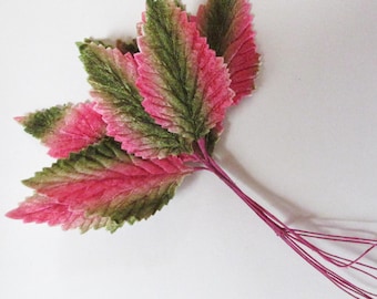 9 Vintage Millinery Leaves 1950s Japan Velvet Large Pink Green Ombre Leaves VL066PG