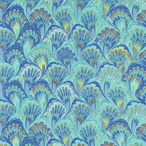 2 Sheets Blue and Aqua Marbeled Feathers Italian Print Paper with Golden Highlights ~ Carta Fiorentina Italy F033 x2