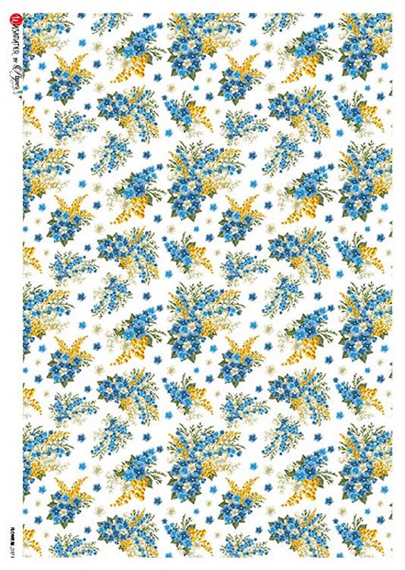 2 Sheets Italy Rice Paper Decoupage Blue Flowers RCP-FL-344 x2