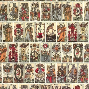 Może przedstawiać: Zestaw kart tarota vintage z kolorowymi ilustracjami r&oacute;żnych postaci i symboli. Karty są ułożone w siatkę, pokazując karty Wielkich Arkan&oacute;w. Karty są ponumerowane cyframi rzymskimi.