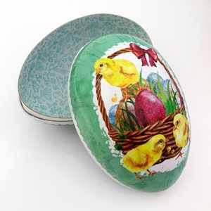 New Germany 6" Papier Paper Mache Easter Egg Box Vintage Chicks With Basket Erzgebirge Region PME202M