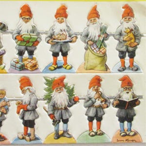 May include: A vintage Christmas card featuring 10 illustrated figures of gnomes wearing red hats and carrying various Christmas items. The gnomes are standing on circular bases with a white background.