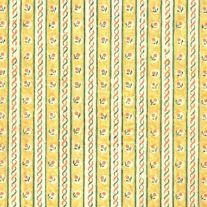 May include: A repeating pattern featuring vertical stripes in yellow, cream, and green. The design includes alternating rows of small orange floral motifs and intertwined red and green lines, creating a vintage aesthetic.