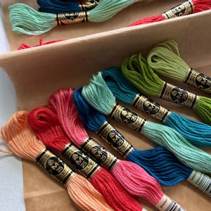 May include: A collection of colorful embroidery floss in shades of pink, blue, green, and orange. Each skein is labeled with the brand name and thread type. The floss is neatly arranged, showcasing a variety of hues for crafting projects.
