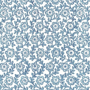 May include: A repeating pattern of blue floral elements on a white background. The design features stylized flowers with detailed centers and connecting vines with leaves. The overall aesthetic is reminiscent of a vintage or hand-painted textile.