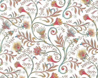 May include: A seamless pattern featuring intricate floral designs in shades of red, orange, yellow, and blue on a white background. The flowers are stylized and have a vintage feel. The pattern is perfect for fabric, wallpaper, or other decorative applications.