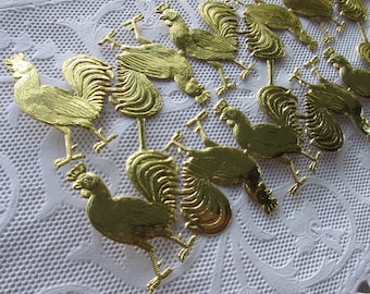 Vintage Germany 12 Gold Dresden Die Cut Paper Foil Embossed Roosters