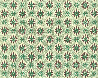 May include: A seamless pattern featuring a repeating design of green and brown floral motifs on a cream background. The pattern is made up of small, repeating dots and larger, more intricate floral shapes.
