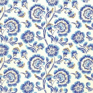 May include: A repeating pattern of stylized blue flowers with gold accents and green leaves on a cream background. The floral design features large, detailed blooms and delicate, curving stems, creating a classic, elegant aesthetic. The pattern is suitable for fabric or wallpaper.