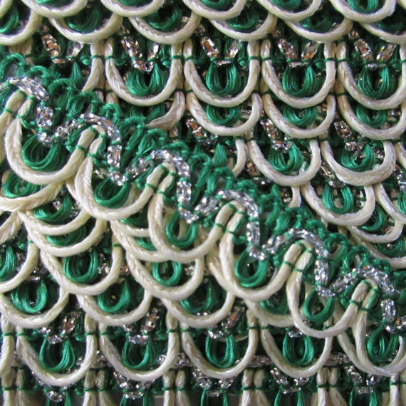 3-5/8 Yards Fancy Metallic Green Silver And Ivory Looped Trim Sewing Ribbon BD-G101