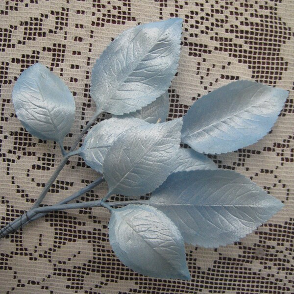Vintage Millinery Leaves Made In Germany Pearlized Blue Rose Fabric Leaves