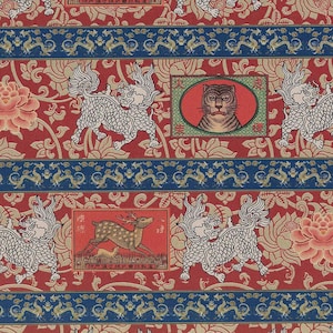 May include: A repeating pattern featuring a red background with floral and scroll designs. Blue bands with gold dragons separate rows of white mythical creatures and framed images of a tiger and deer.
