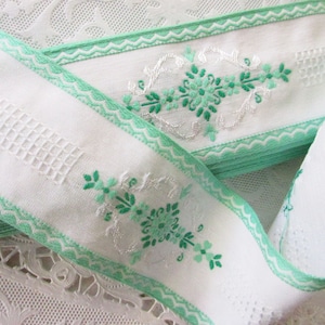 From Italy 3 Yards Vintage Embroidered Folkloric 2-1/16" Wide Sewing Trim Seafoam Green White BD-G228