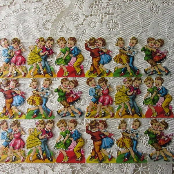 Vintage PZB Germany Paper Scraps Lithographed Die Cut Sweet Children Dancing Scrap  PZB 1166