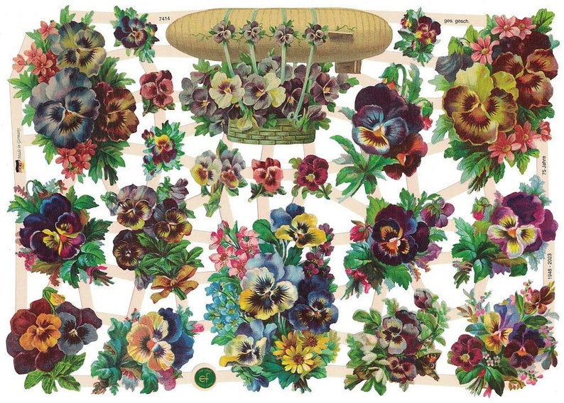 Puede incluir: Una hoja de papel vintage con ilustraciones coloridas de pensamientos. Los pensamientos est&aacute;n dispuestos en ramos y flores individuales. La hoja est&aacute; decorada con un patr&oacute;n de cuadr&iacute;cula blanca y el texto "7414" y "75 Japan" en la esquina superior derecha.