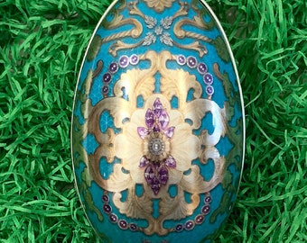 England Tin Metal Easter Egg Box Russian Style Design Aqua Gold 4-1/4" Nostalgic Craft Storage  TEG204AQ