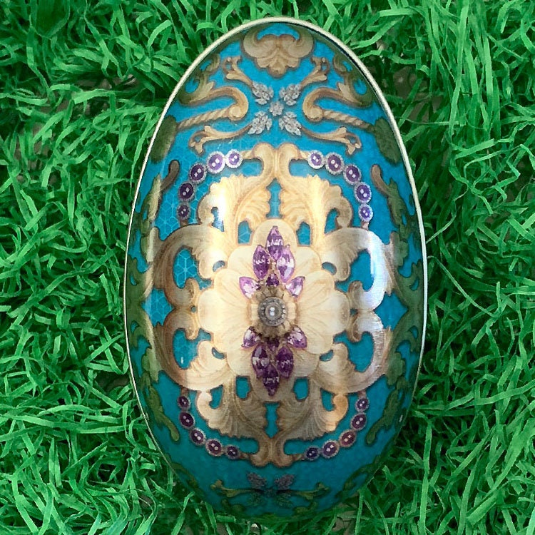 England Tin Metal Easter Egg Box Russian Style Design Aqua Gold 4-1/4" Nostalgic Craft Storage  TEG204AQ
