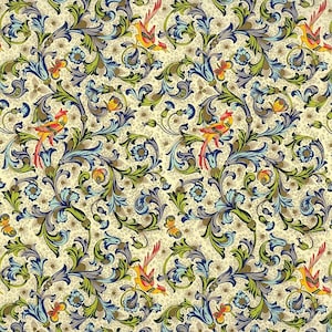 May include: A seamless pattern featuring a repeating design of stylized blue and green leaves, yellow and red birds, and small white flowers on a cream background.