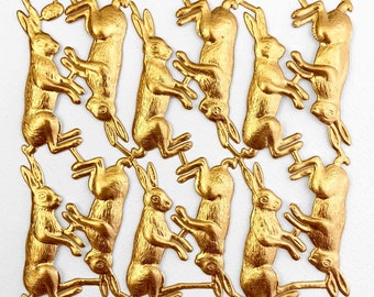 12 Germany Antique Gold Die Cut And Embossed Paper Foil Dresden Bunnies Rabbits DF8521AG