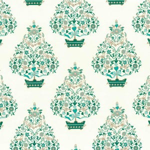 May include: A repeating pattern featuring stylized trees in green, teal, and tan on a cream background. Each tree is in a green planter and adorned with birds, hearts, and floral elements. The design has a vintage, botanical feel.