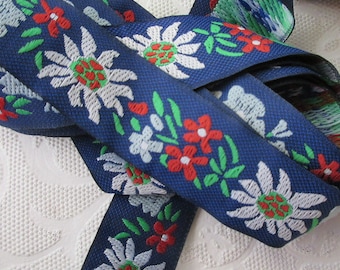 4 Yards Jacquard Sewing Ribbon 1" Wide Folk Costume Trim Blue White Red Green Edelweiss ARM