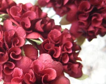72 Paper Flowers Millinery Ruffled Pom Pom Blossoms In Burgundy - 12 Bundles