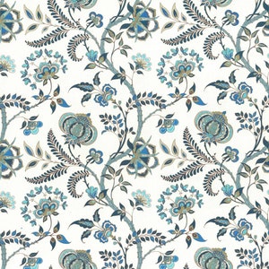 May include: A seamless pattern featuring stylized floral and botanical elements in shades of blue, teal, and gold against a white background. The design includes large, ornate flowers, delicate sprigs, and winding vines, creating a classic, elegant aesthetic.