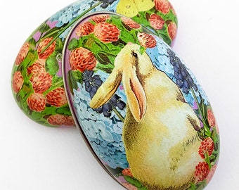 England Tin Metal Easter Egg Box Bunny Rabbit With Berries 4-1/4" Nostalgic Craft Storage