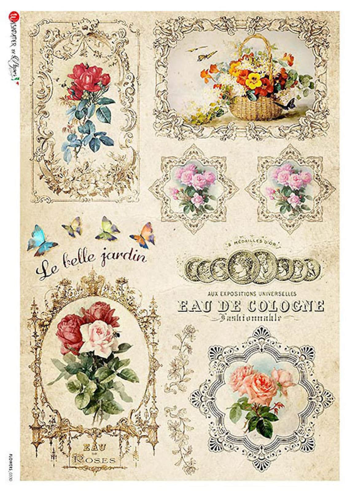 From Italy 2 Sheets Italian Rice Paper Decoupage Roses Cosmetics RCP-FL ...
