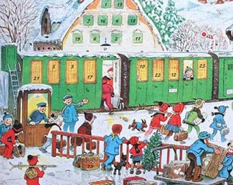 Può includere: Illustrazione di un calendario dell'Avvento natalizio vintage con un treno verde con finestre numerate e una scena di villaggio innevato. I bambini in abiti invernali sono mostrati mentre salgono sul treno, portando bagagli e regali. Il calendario ha una parte superiore a forma di casa.