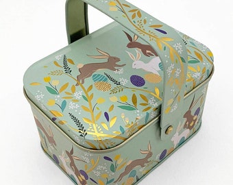 England Easter Basket Tin with Bunny Rabbits Metal Storage Container Mint Green TIN60