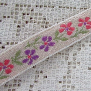 5-1/4 Yards Floral Trim Jacquard Ribbon Beige With Peach And Purple Flowers  MT25