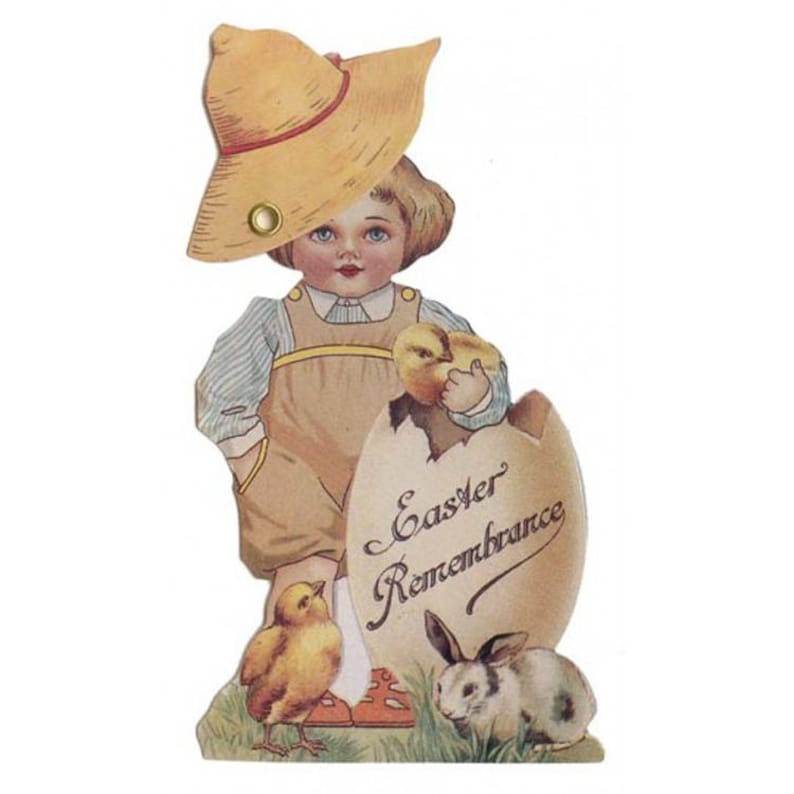 May include: A vintage Easter card featuring a child wearing a straw hat and overalls holding a chick. The child is standing next to a cracked egg with the text "Easter Remembrance".
