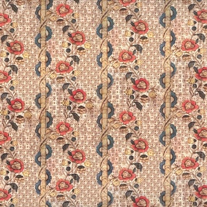 May include: A vintage-style fabric with a repeating floral pattern. Red roses and dark leaves climb vertical stems against a cream-colored background with a diamond grid. The design includes blue and gold accents.