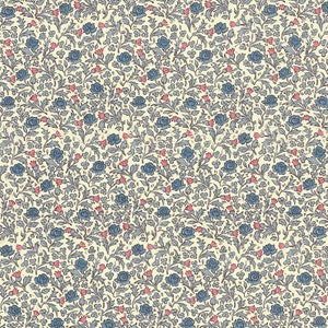 May include: A repeating floral pattern featuring blue roses, gray leaves, and small pink buds on a cream background. The design is dense and intricate, creating a classic, vintage aesthetic. The pattern is suitable for fabric or wallpaper.