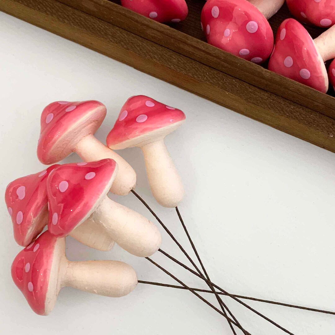 5 Czech Large Spun Cotton Fairytale Mushrooms Pink on Pink 47mm
