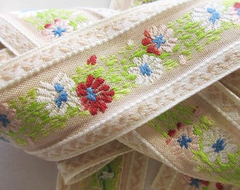4 Yards Vintage Japan Woven Jacquard Ribbon Burgundy White Green Rayon Cotton Flowers Trim 1-1/4" Wide HFT003