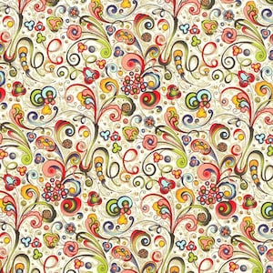 May include: A repeating pattern featuring colorful, stylized floral and swirling designs. The pattern includes red, pink, yellow, green, and blue elements on a cream-colored background. Small gold accents are scattered throughout the design.