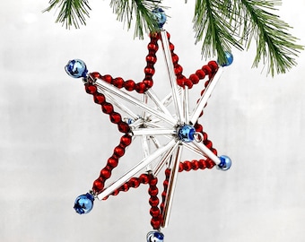 Czech Glass Bead Ornament DIY Project Kit ~ Magic Star~ Silver Red Blue ~ Czech Instructions - GBK847-39