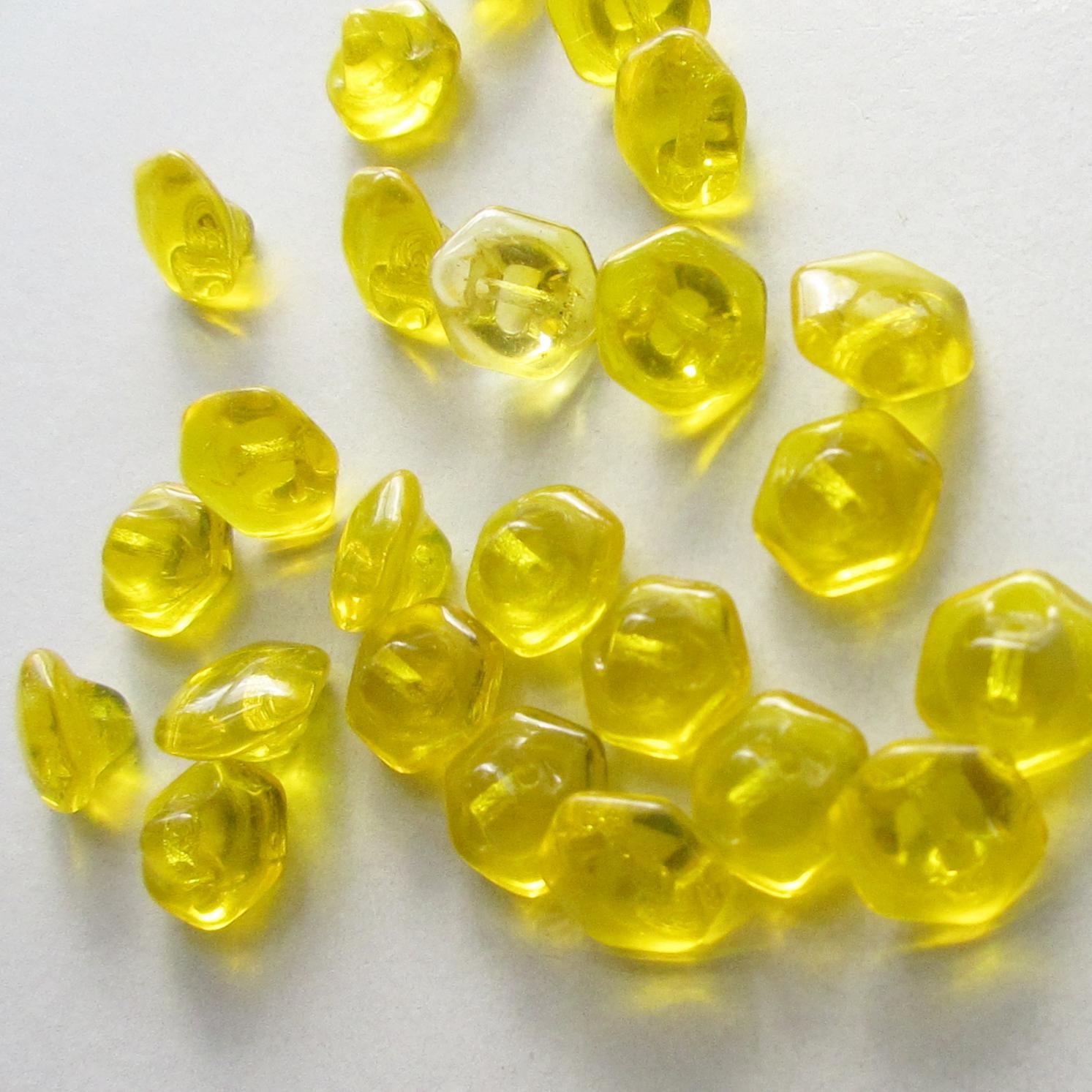 12 Vintage Czech Glass Clear Yellow Hexagon Buttons Czechoslovakia
