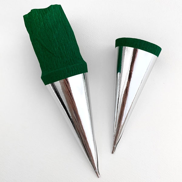 2 Germany Metallic Paper Cones For You To Decorate Silver Foil Green Crepe CON05-SGR