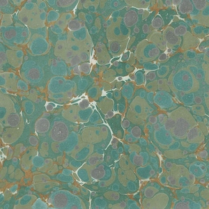 May include: A green, brown, and white marbled paper with a swirling pattern. The paper has a textured surface.