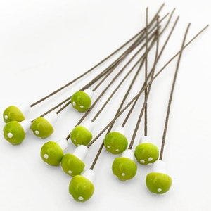May include: A bunch of green and white mushroom-shaped embellishments with brown wire stems. The mushrooms are about 1 inch in diameter.