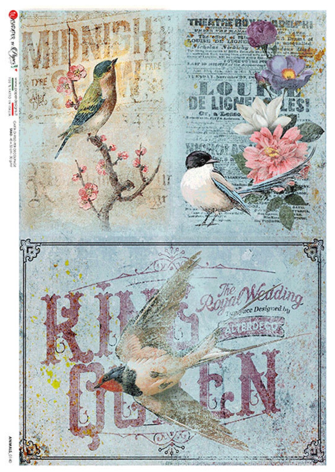  Papel de arroz para Decoupage A4 Floral Decoupage Paper Vintage  (flores azules en escritura vintage y notas musicales - 2 hojas) : Arte y  Manualidades