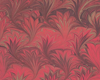 May include: A seamless pattern featuring a repeating design of stylized, feathery shapes in shades of red, brown, and gold. The pattern has a marbled effect, creating a flowing, organic look. The background is a vibrant red.