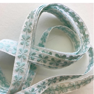 Vintage Italy 7-1/4 Yards Woven Jacquard Embroidered Folkloric Sewing Trim Pale Blue White BD714