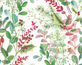 May include: A watercolor illustration featuring a repeating pattern of green and pink leaves, red berries, and holly. The background is white.