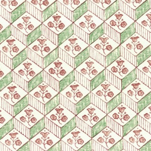May include: A repeating pattern of green and red floral designs on a white background. The design features a series of overlapping squares with a floral motif in each square.