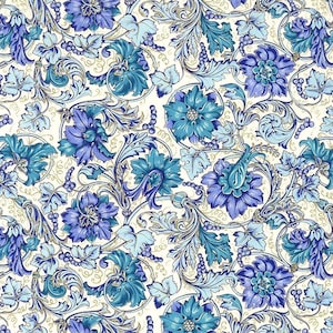 May include: A white background with a blue and teal floral pattern. The pattern features intricate swirls and leaves.